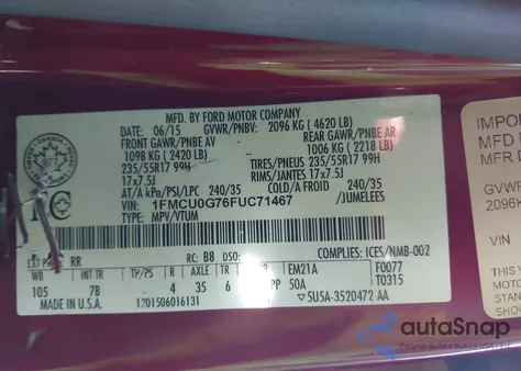 2015 Ford Escape Se z USA, uszkodzony, nr VIN 1FMCU0G76FUC71467